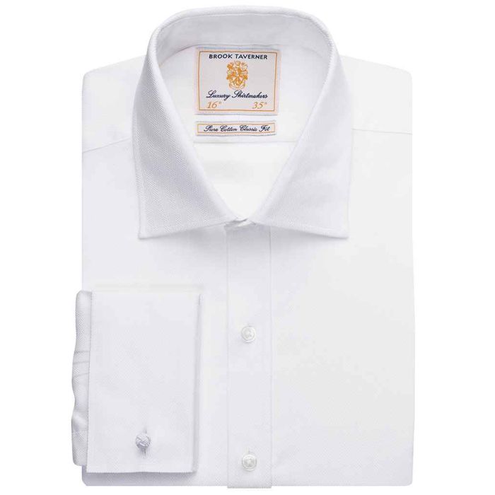 Brook Taverner Andora Long Sleeve Herringbone Shirt - White Herringbone - 15