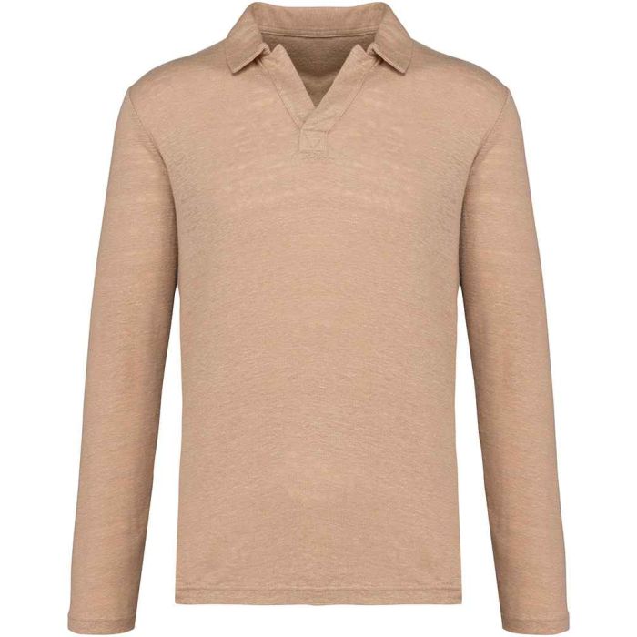 Native Spirit Long Sleeve Linen Polo Shirt - Wet Sand - M