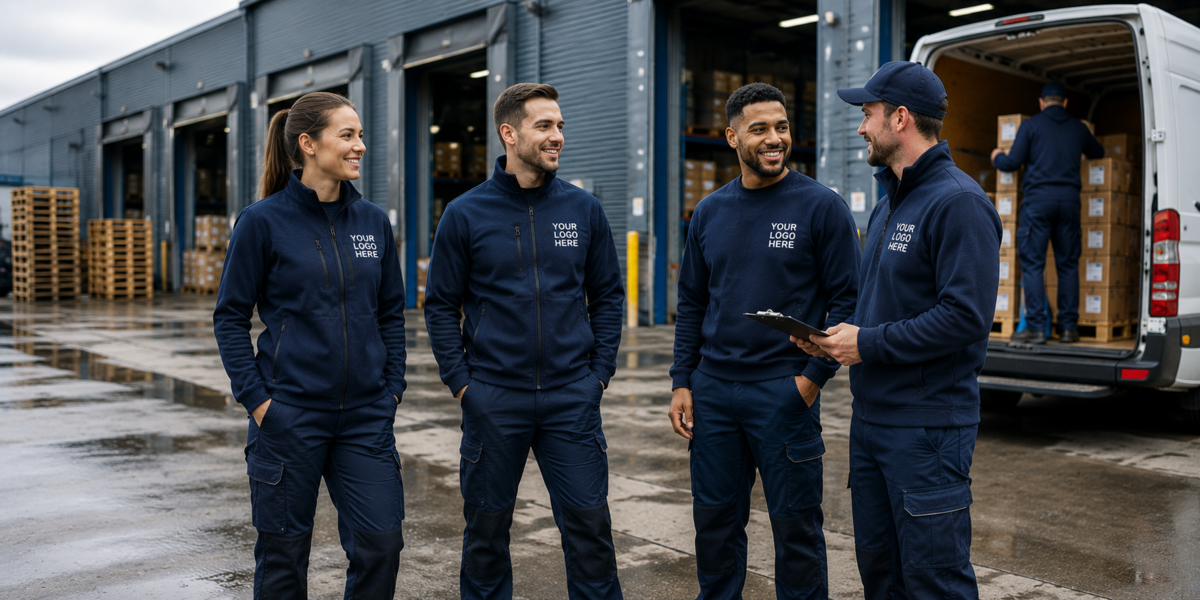 Logistics depot team in branded BAS 1 Group workwear and hi-vis