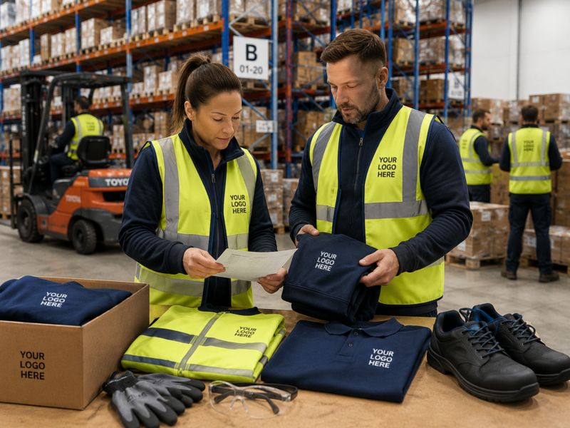 Warehouse supervisor and operative in hi-vis reviewing workwear and PPE order details