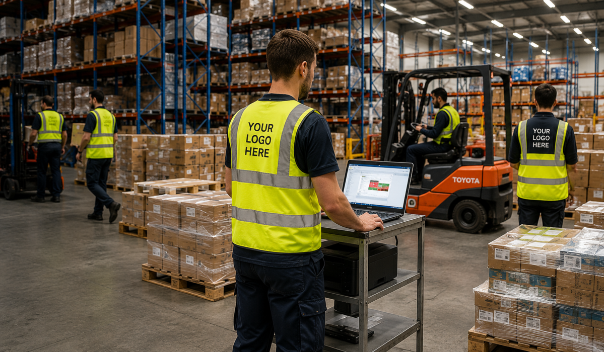 Warehouse team in branded hi-vis workwear supplied by BAS 1 Group, forklift operations in background