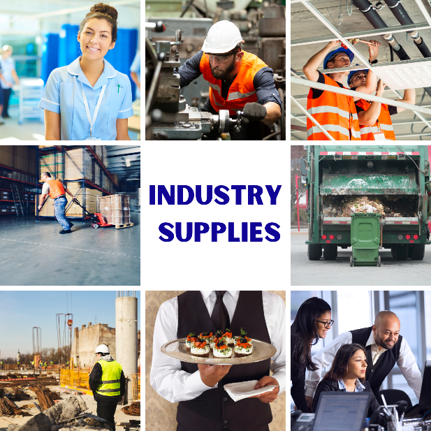 Image Collage of the following industries; Healthcare,Manufacturing,Facilities Management, Logistic, Janitorial, Waste Management, Construction, ospitality, Public Sector