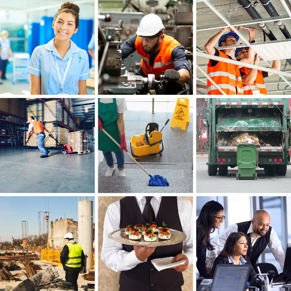 Image Collage of the following industries; Healthcare,Manufacturing,Facilities Management, Logistic, Janitorial, Waste Management, Construction, ospitality, Public Sector
